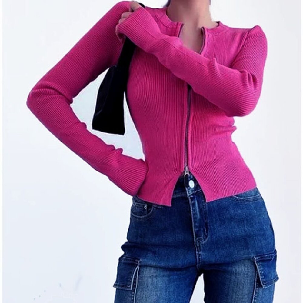 Ribbed Knit Zip Cardigan Sweater Size S Stretch Canyon RiverBlues Magenta
